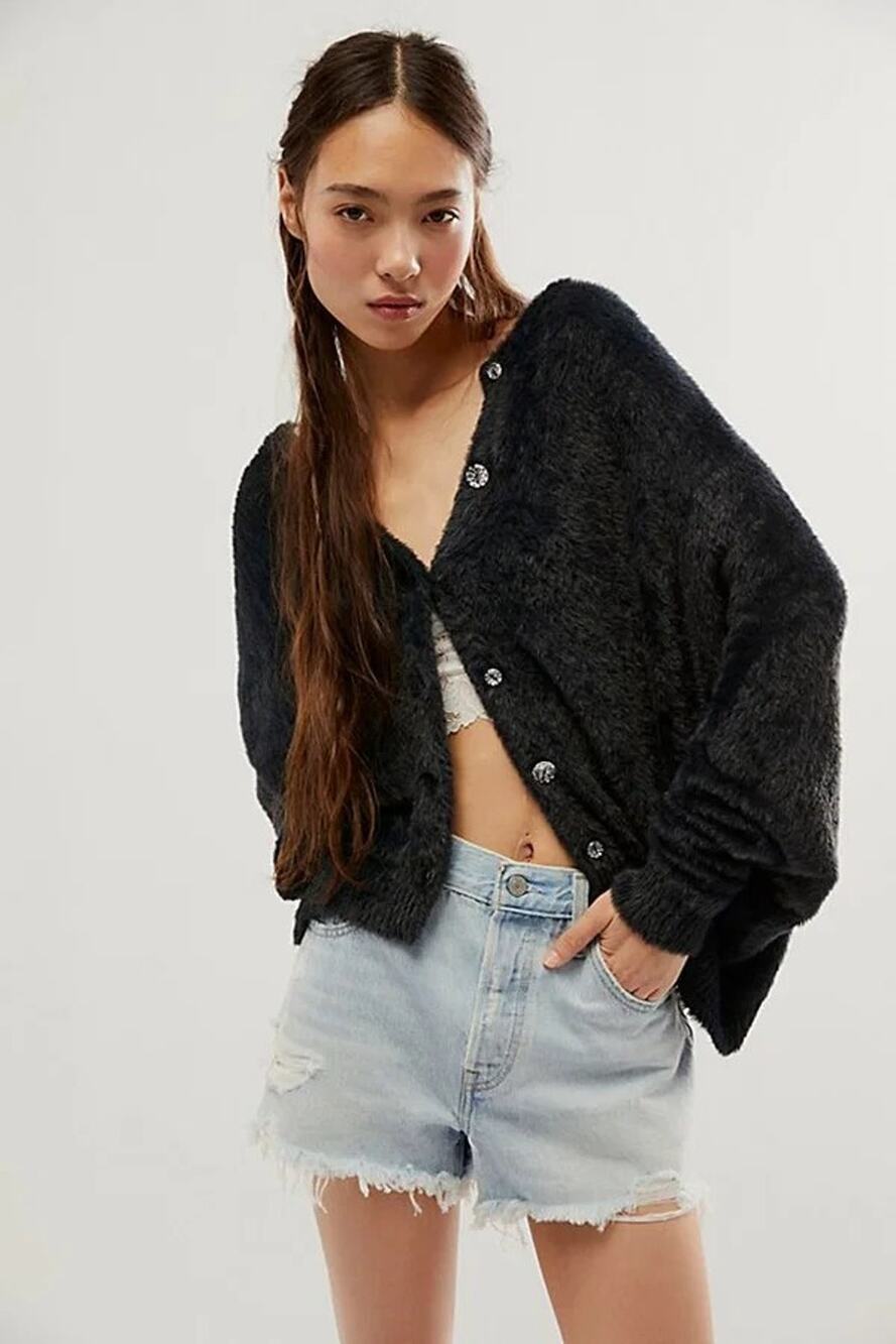 Free People One Sela Cardi Black Sweater Medium Fuzzy Soft